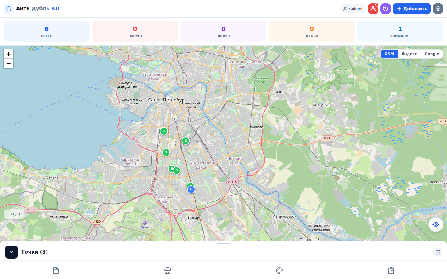 Карта точек KL — живые данные